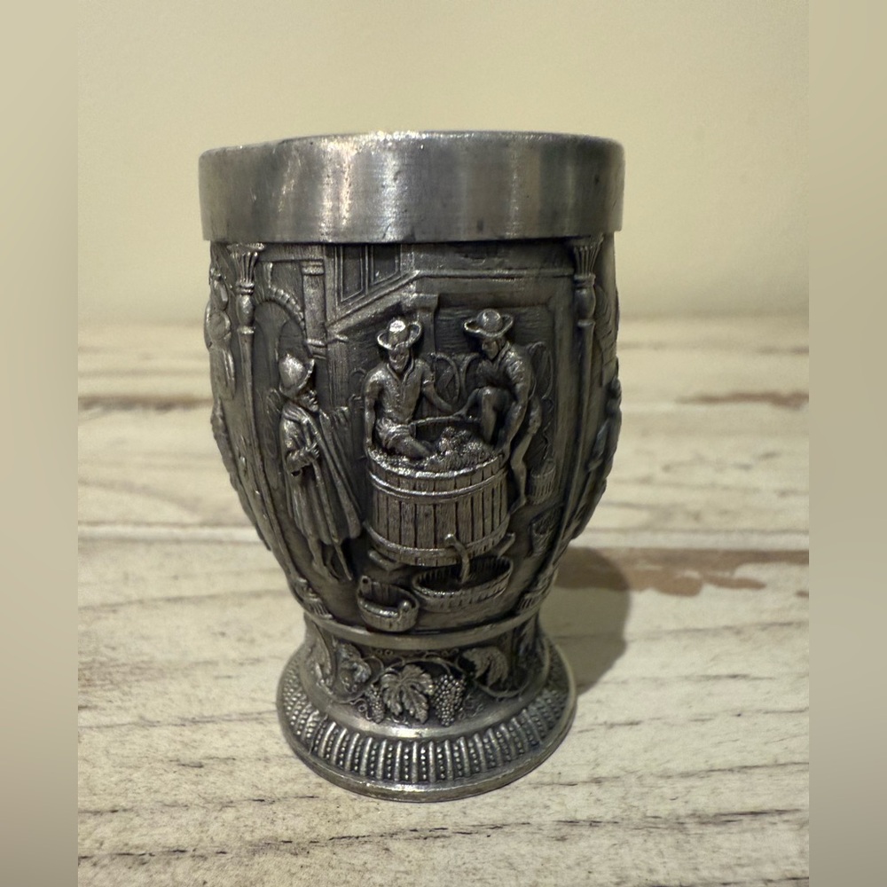 SKS ZINN 95% Pewter Vintage Shot Cup Made in West Germany 4 Grape Harvest Scenes